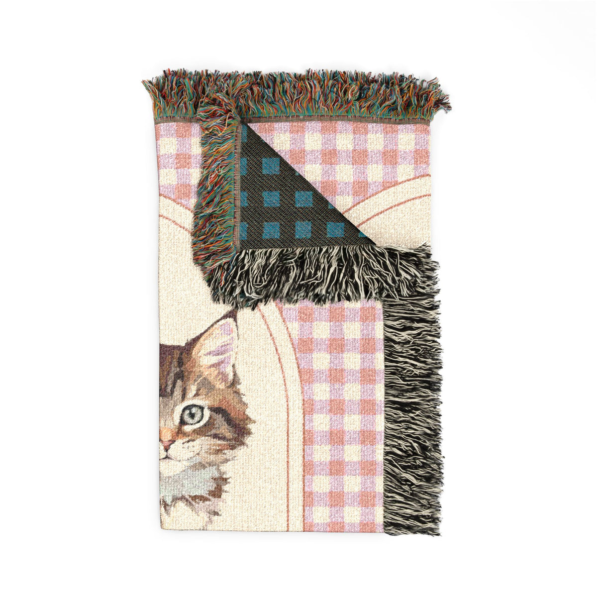 Folded personalized cat baby blanket showing the fringed edge and the dark green reverse side