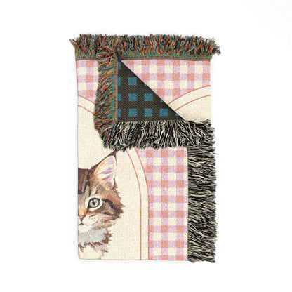 Folded personalized cat baby blanket showing the fringed edge and the dark green reverse side