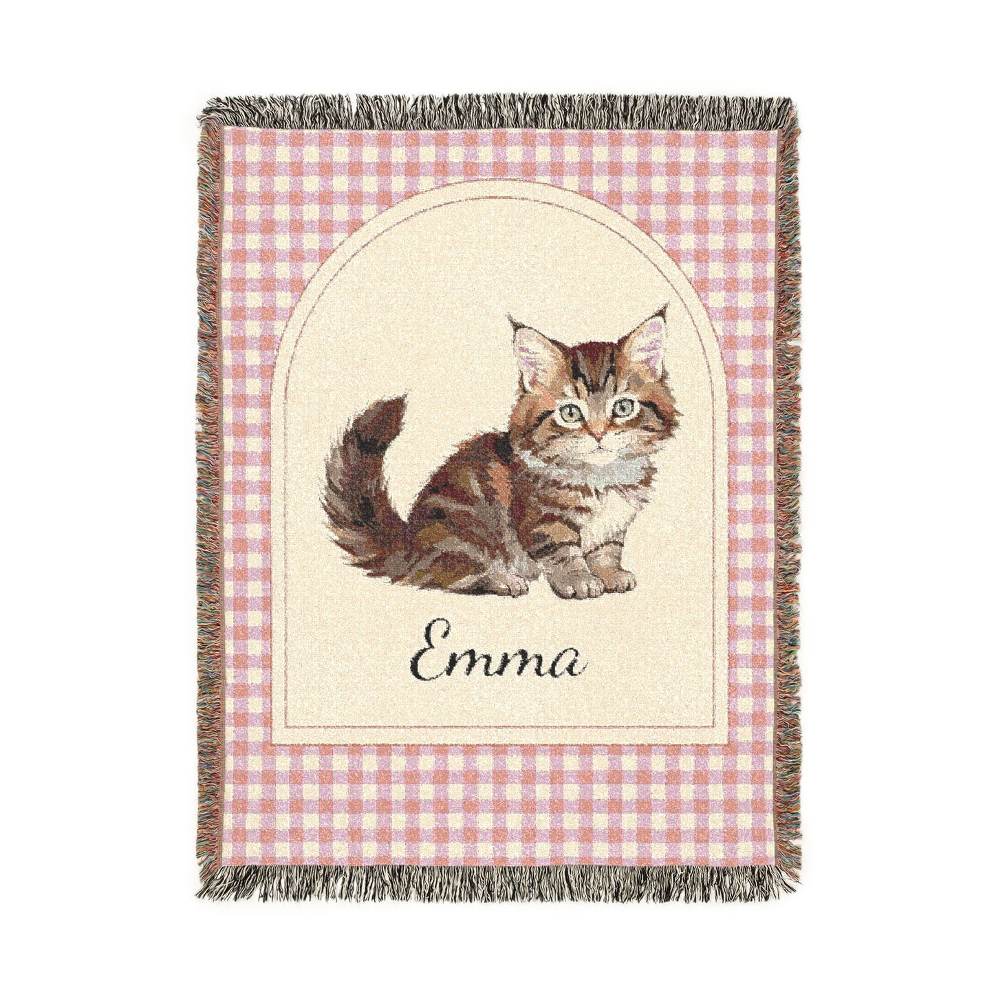Personalized woven baby blanket with a tabby cat and a name on a pink gingham border, shown flat