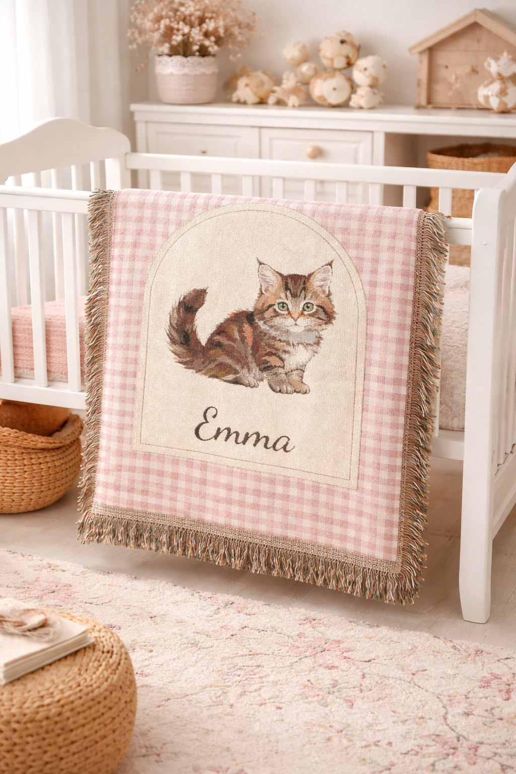 Personalized cat baby blanket spread on a nursery floor with soft toys