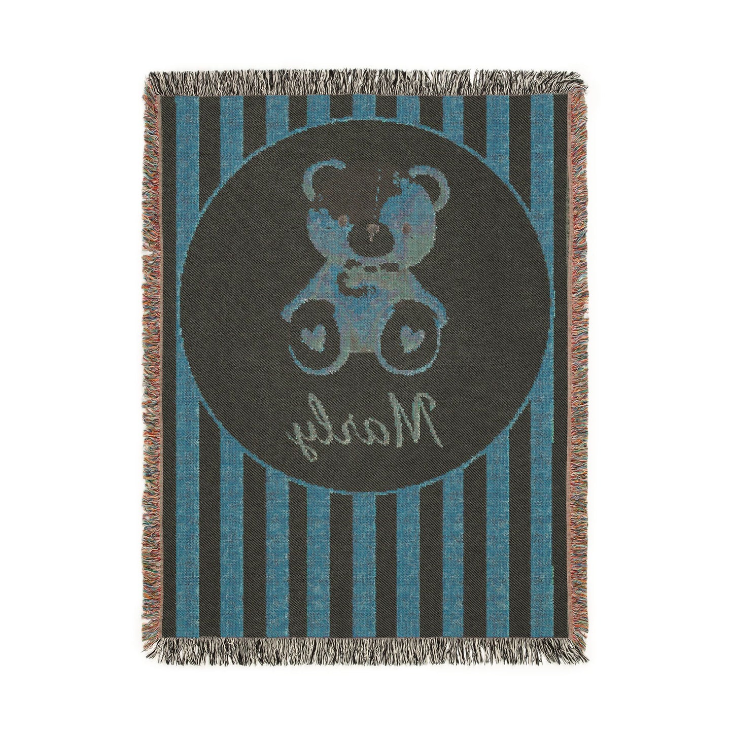 Reverse side of the personalized blush stripe teddy bear blanket in navy