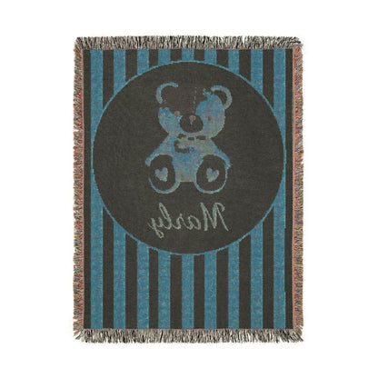 Reverse side of the personalized blush stripe teddy bear blanket in navy