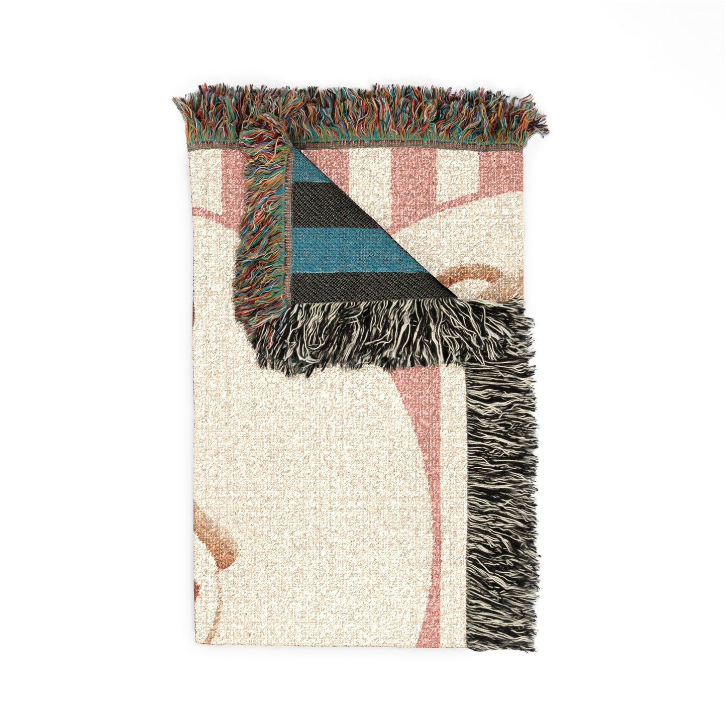 Folded personalized blush stripe teddy bear blanket showing the fringed edge and the dark reverse side