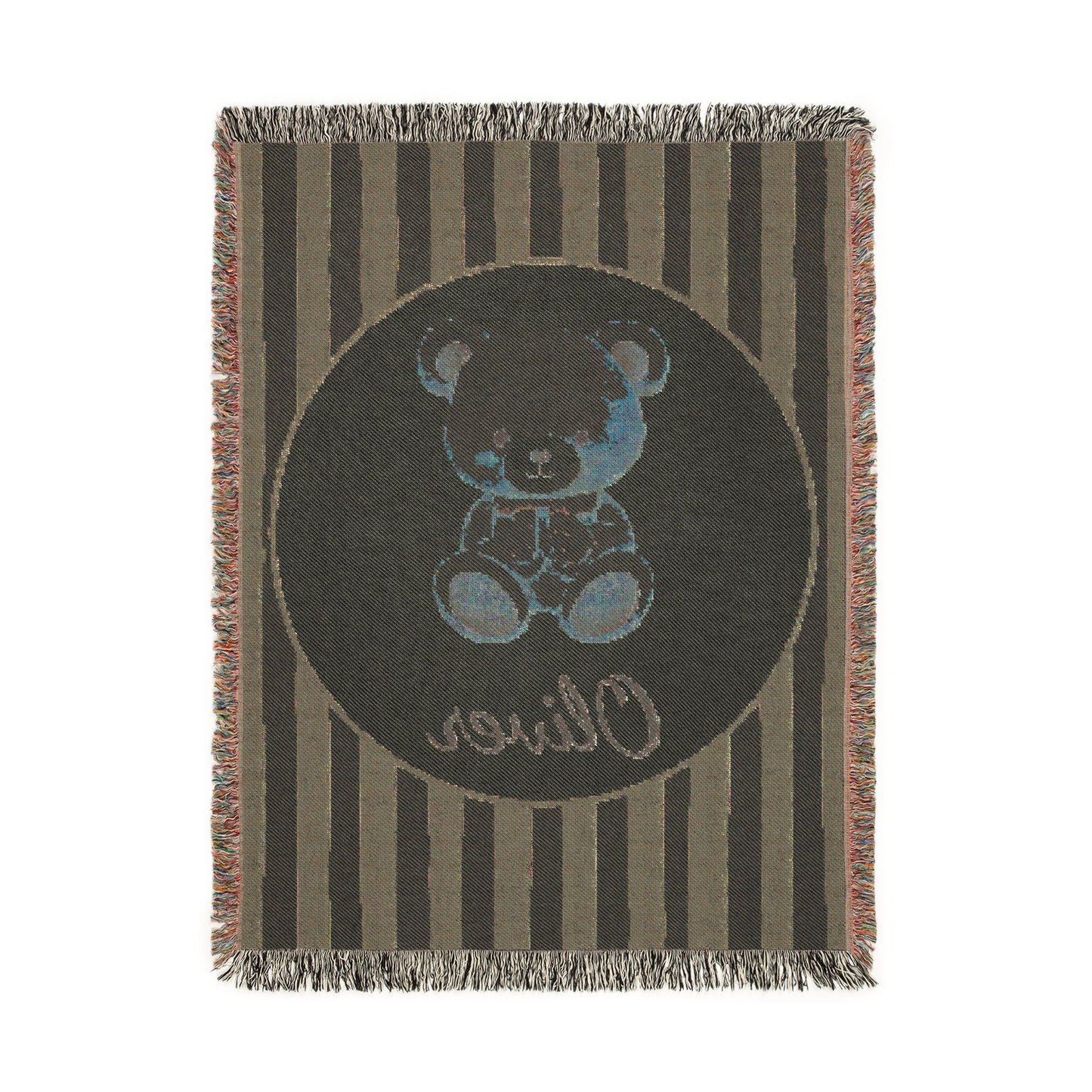 Reverse side of the personalized navy stripe teddy bear blanket in dark grey-brown