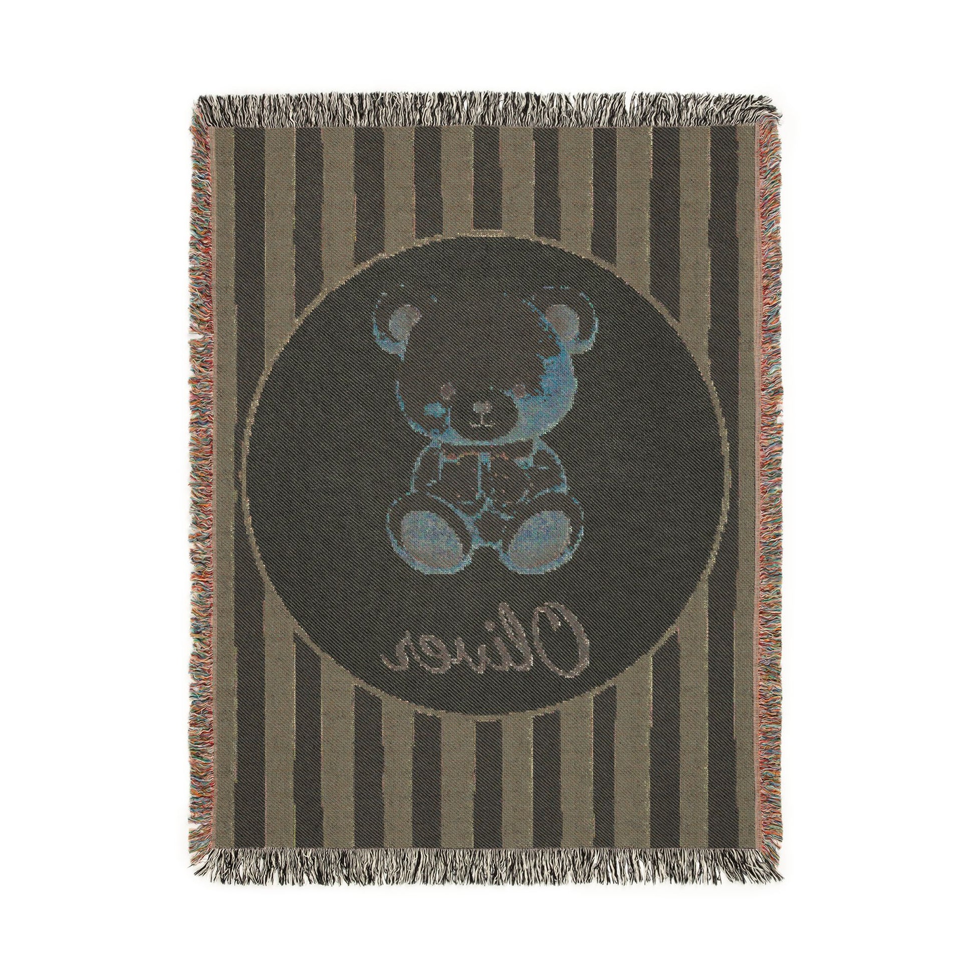Reverse side of the personalized navy stripe teddy bear blanket in dark grey-brown