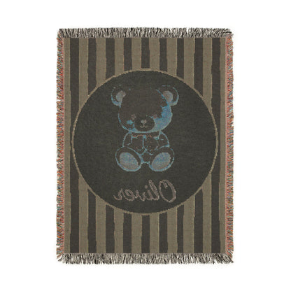 Reverse side of the personalized navy stripe teddy bear blanket in dark grey-brown