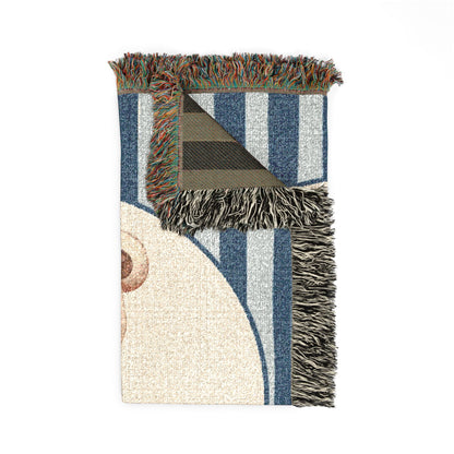 Folded personalized navy stripe teddy bear blanket showing the fringed edge and the dark reverse side