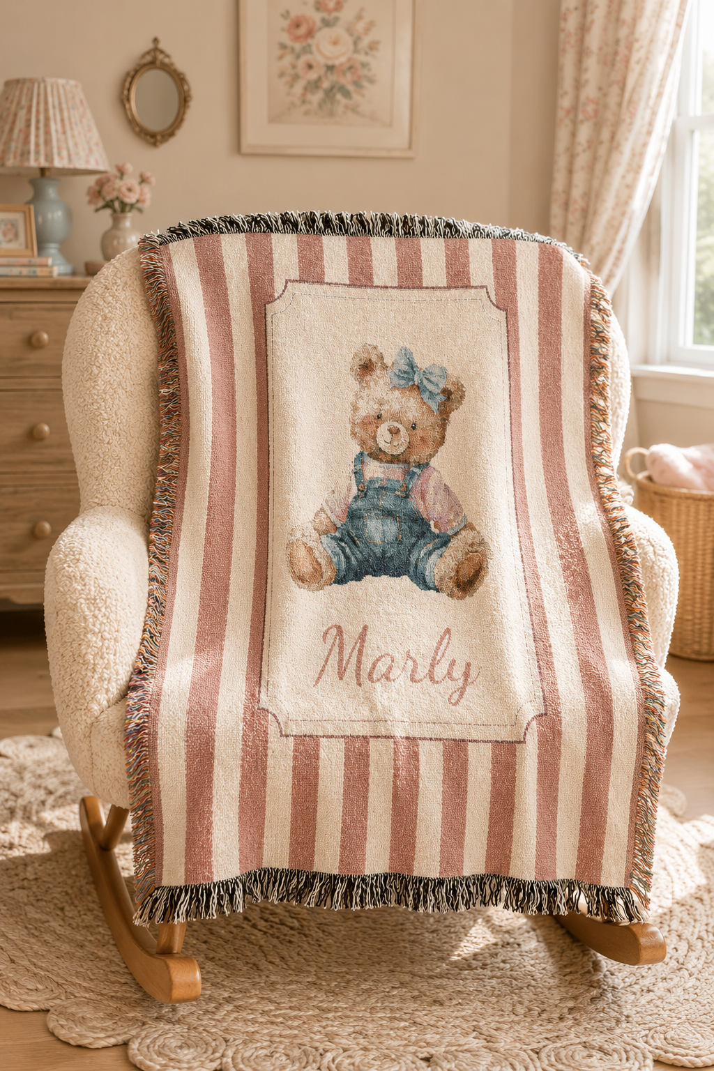 Personalized pink stripe teddy bear blanket over a cream armchair in a nursery