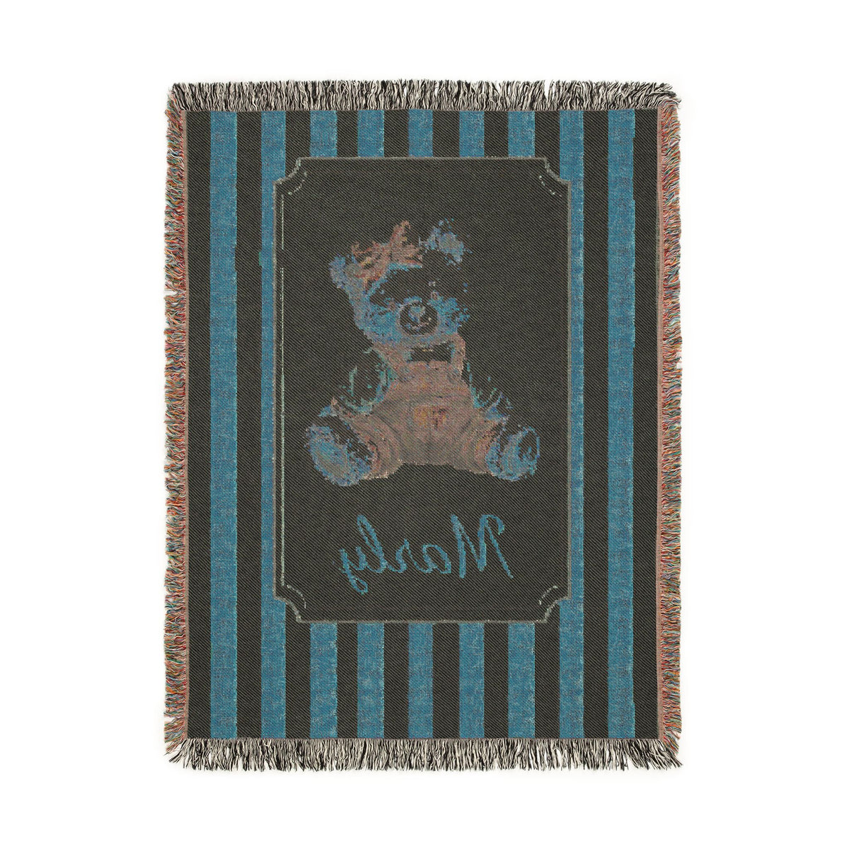 Reverse side of the personalized pink stripe teddy bear blanket in dark teal