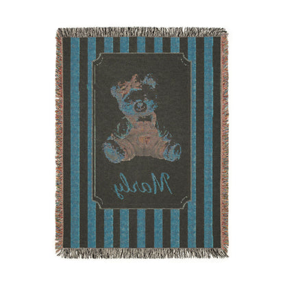 Reverse side of the personalized pink stripe teddy bear blanket in dark teal