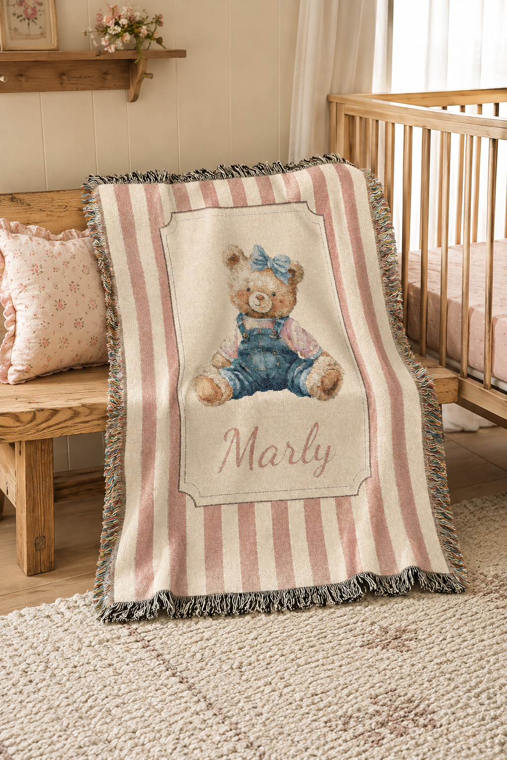 Personalized pink stripe teddy bear blanket over the rail of a crib in a bright nursery