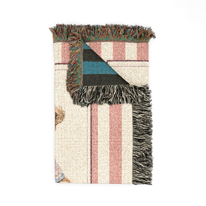 Folded personalized pink stripe teddy bear blanket showing the fringed edge and the teal reverse side