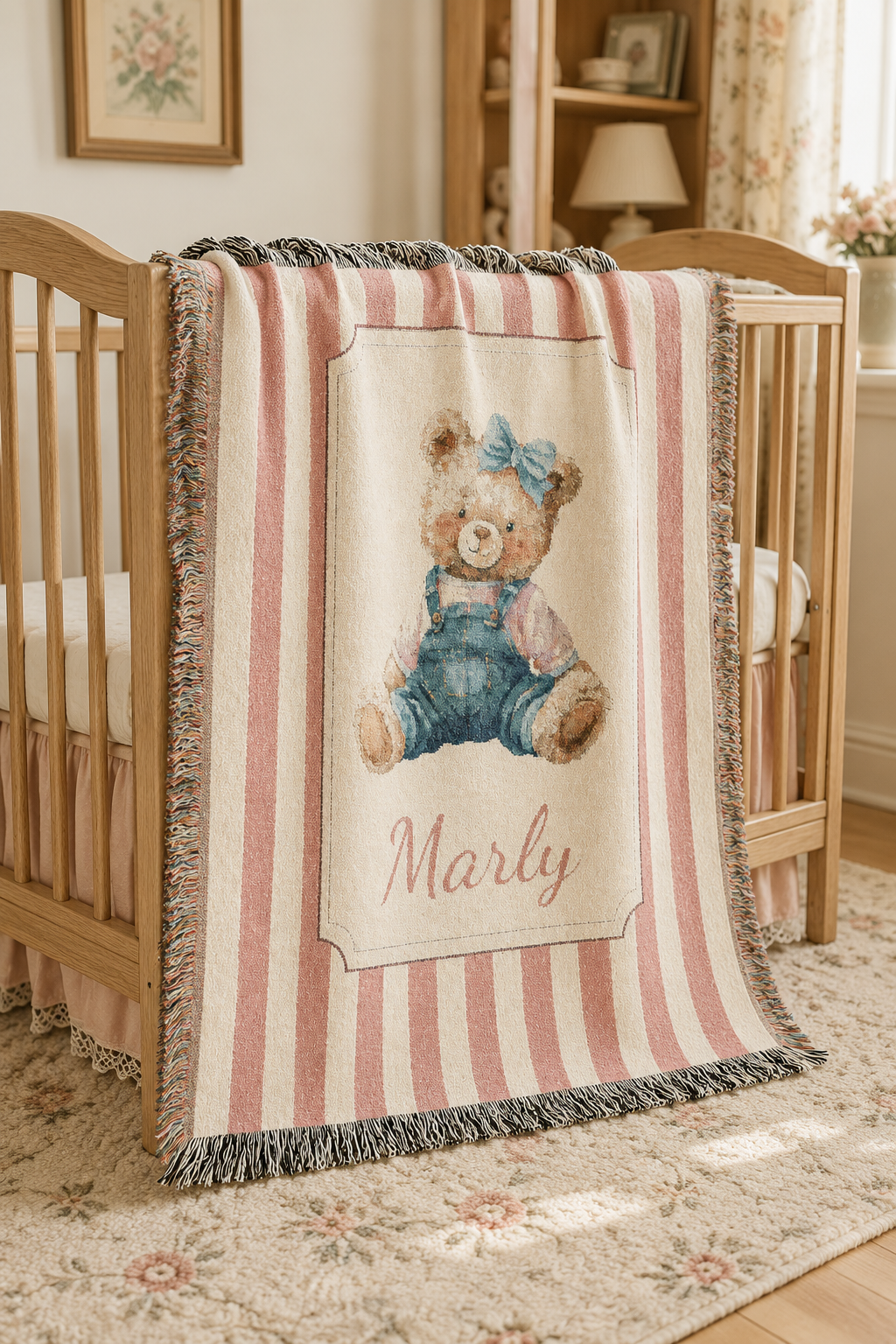 Personalized pink stripe teddy bear blanket over a chair by a window in a nursery