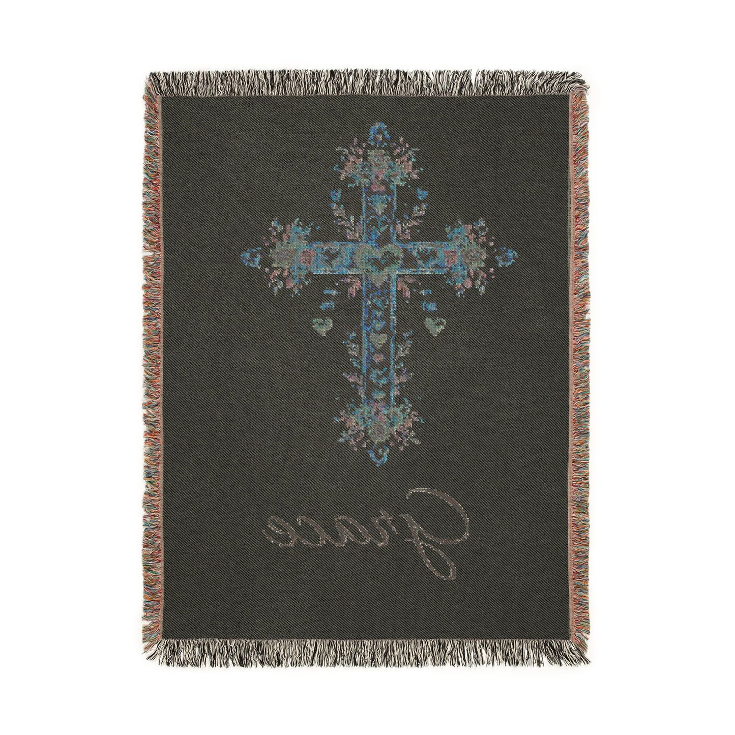 Reverse side of the personalized baptism blanket in dark teal