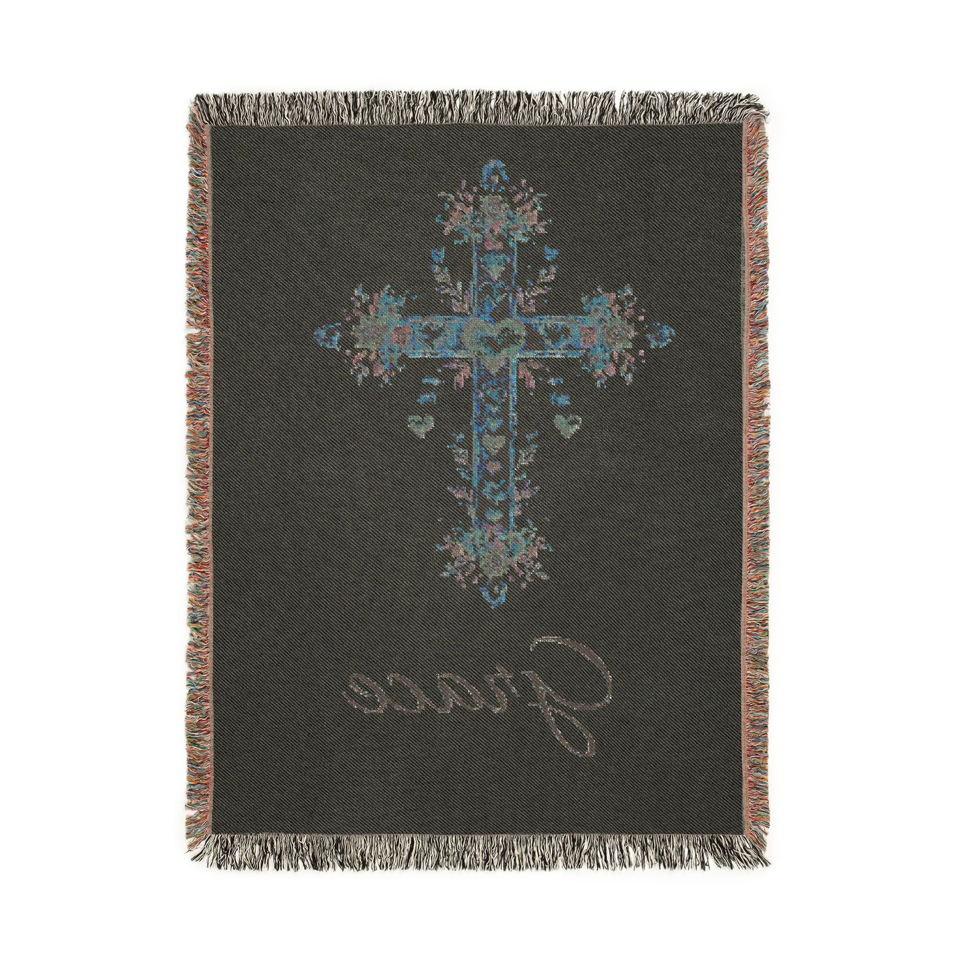 Reverse side of the personalized baptism blanket in dark teal