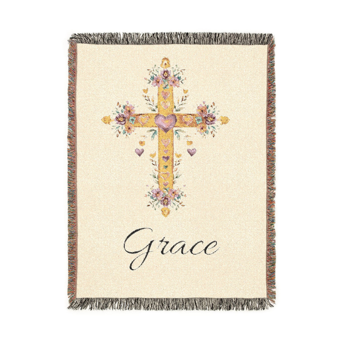 Personalized baptism blanket with a gold floral cross on cream and a name woven in beneath it, shown flat