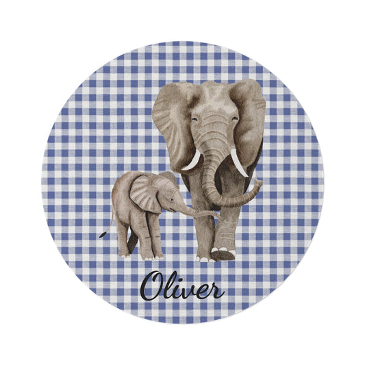 Personalized round nursery rug with an elephant and calf on blue gingham, with a name woven in, shown flat