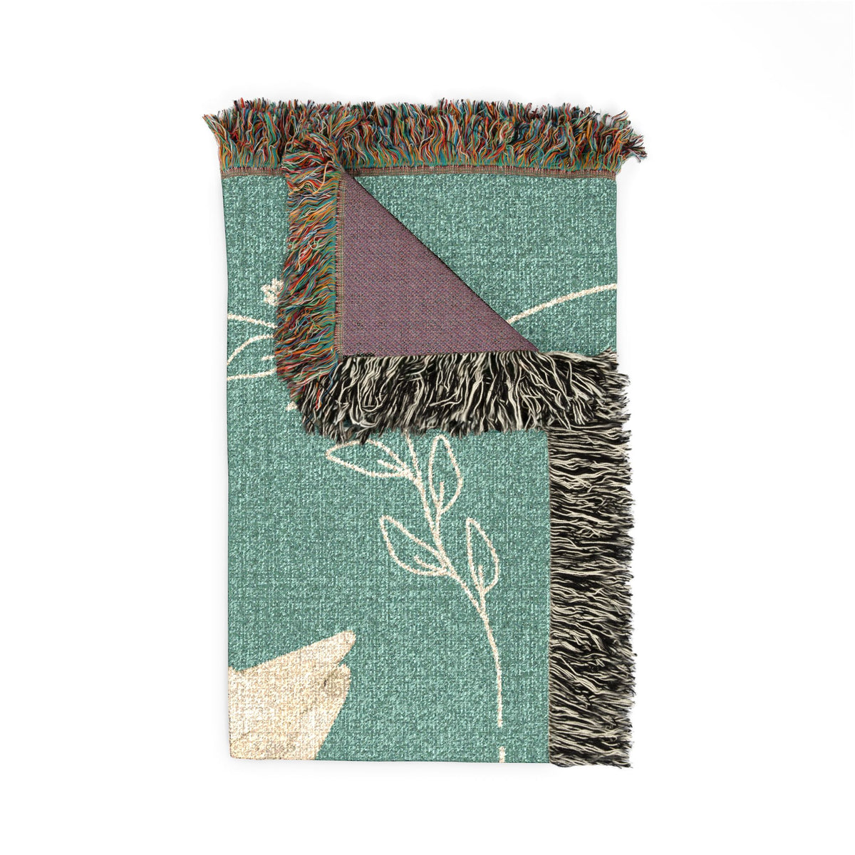 Folded personalized goose baby blanket showing the fringed edge and the plum reverse side