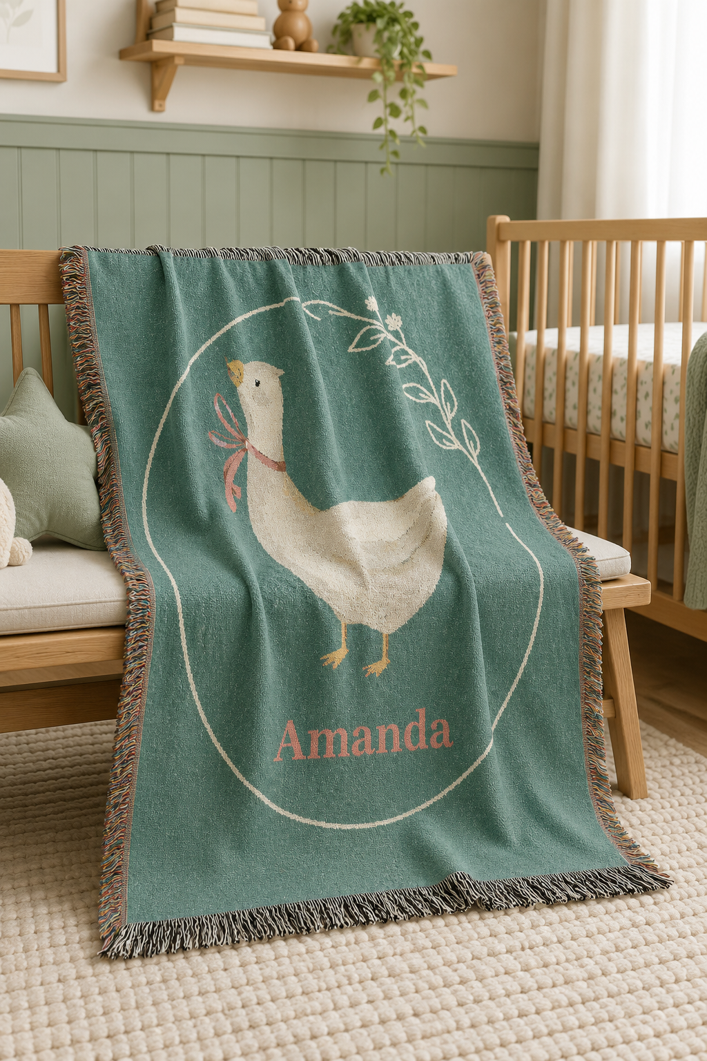 Personalized goose baby blanket over a rocking chair beside a crib in a nursery