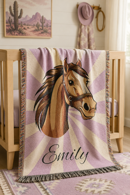Personalized horse blanket over a bed in a lilac bedroom with framed art above