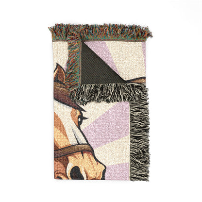 Folded personalized horse blanket showing the fringed edge and the dark reverse side