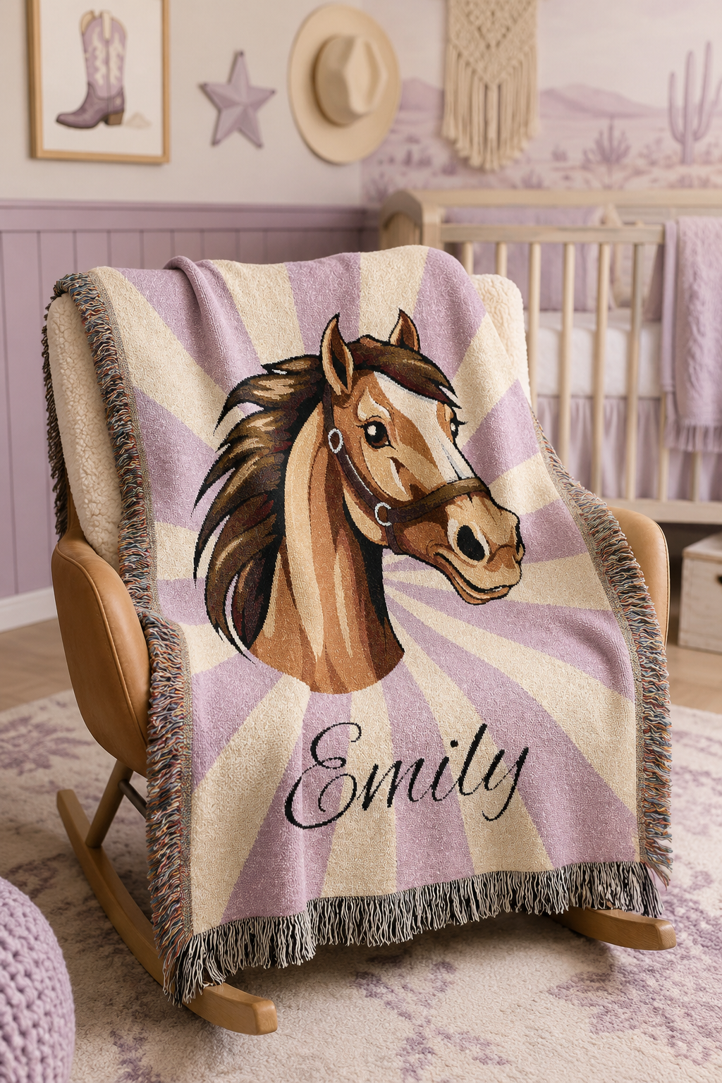 Personalized horse blanket over a bed with lilac bedding and a shelf of horse figurines