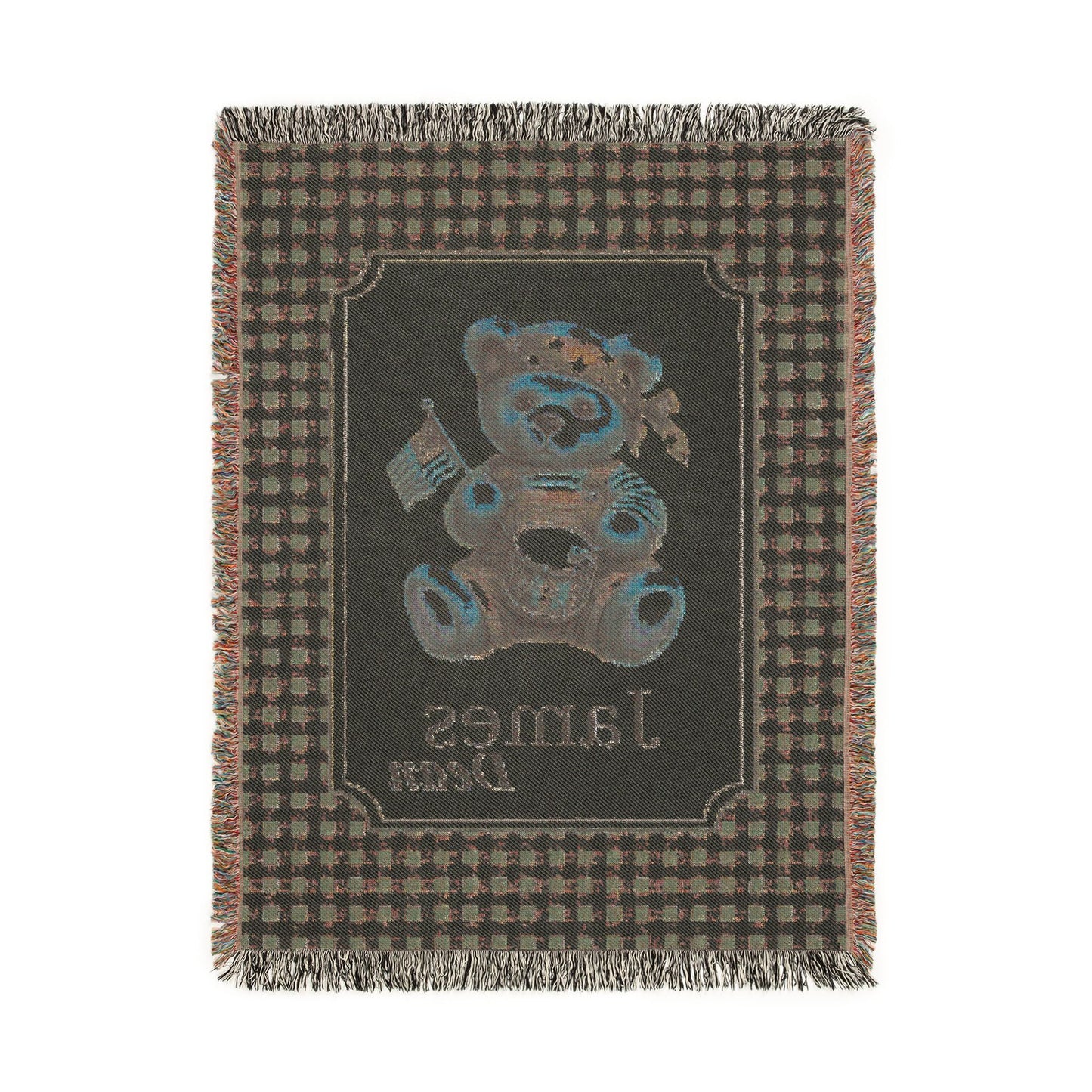 Reverse side of the personalized patriotic teddy bear blanket in dark grey-blue