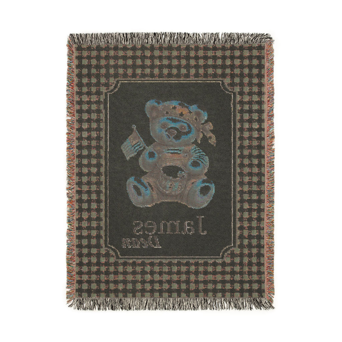 Reverse side of the personalized patriotic teddy bear blanket in dark grey-blue