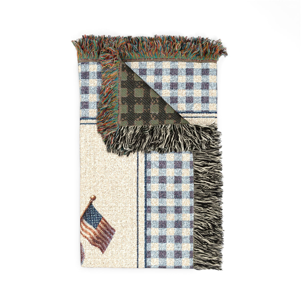 Folded personalized patriotic teddy bear blanket showing the fringed edge and the dark reverse side