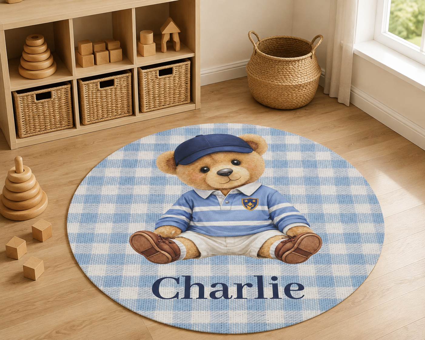 Teddy bear round nursery rug on a wooden playroom floor with white shelving and toys