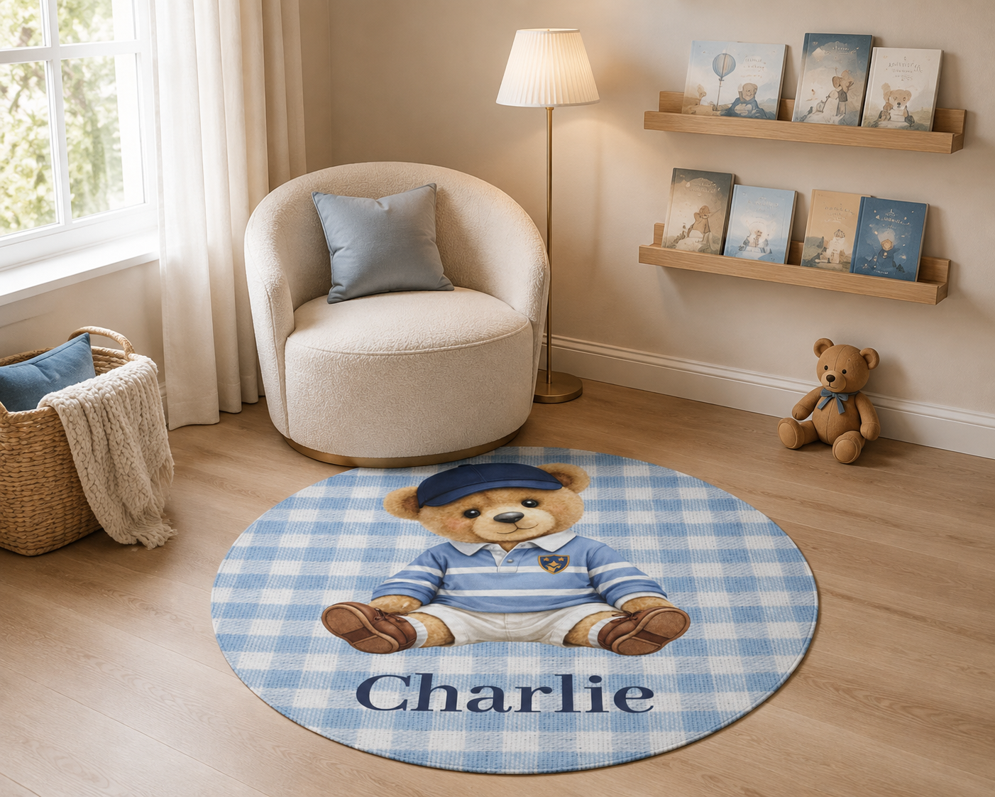 Teddy bear round nursery rug in front of a cream armchair with nursery shelves behind