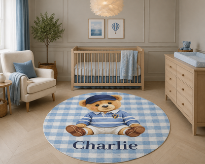 Teddy bear round nursery rug in a nursery with a white crib and dresser under a pendant light