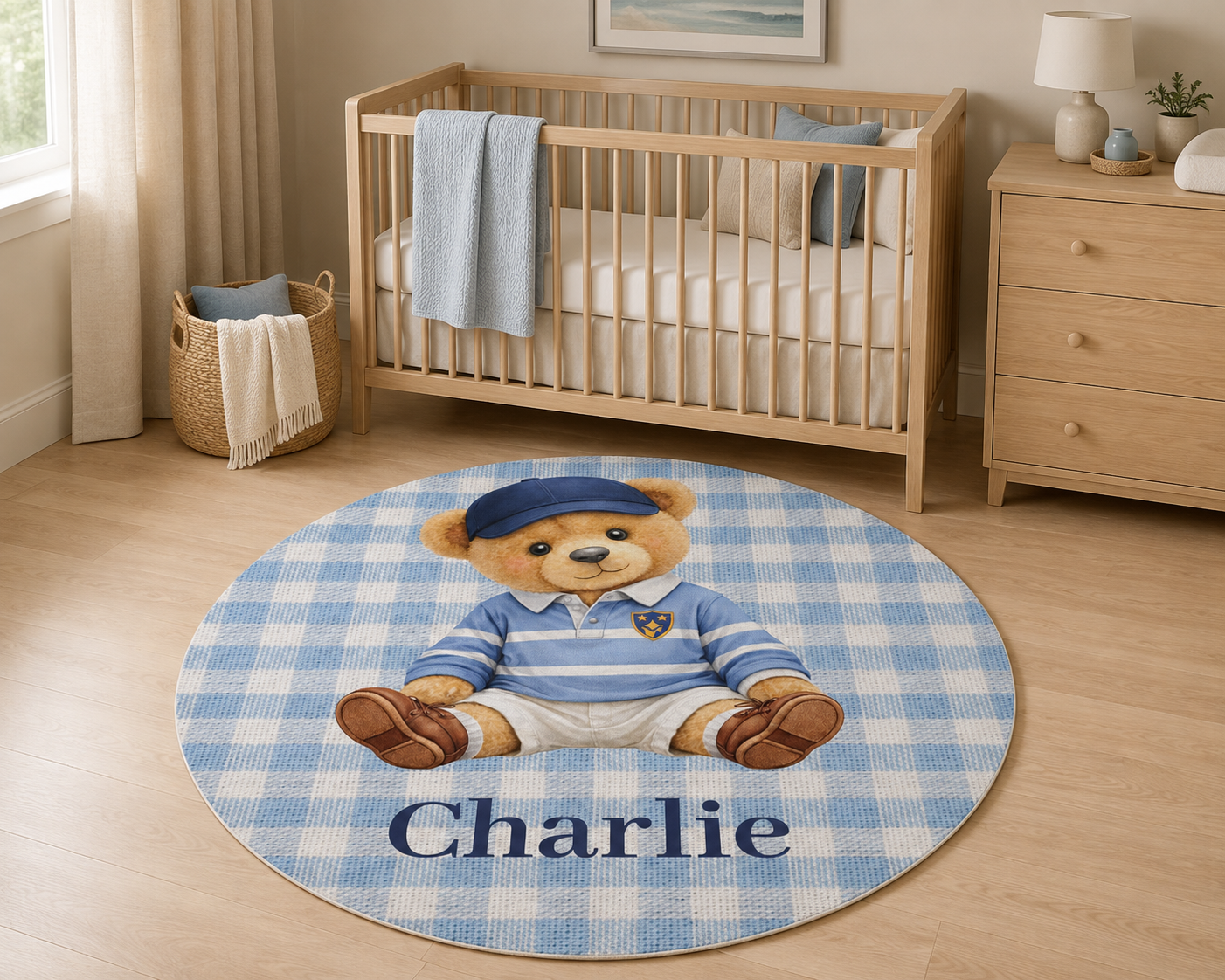 Teddy bear round nursery rug beside a wooden crib and dresser