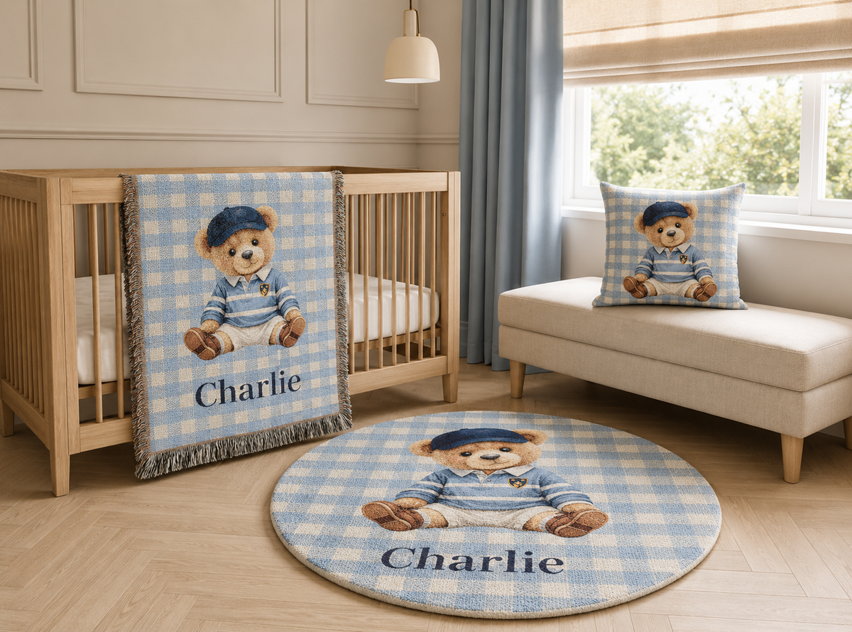 Teddy bear round nursery rug in a bright nursery with a crib, sofa and window