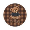 Personalized teddy bear plaid round rug with a name added below the bear