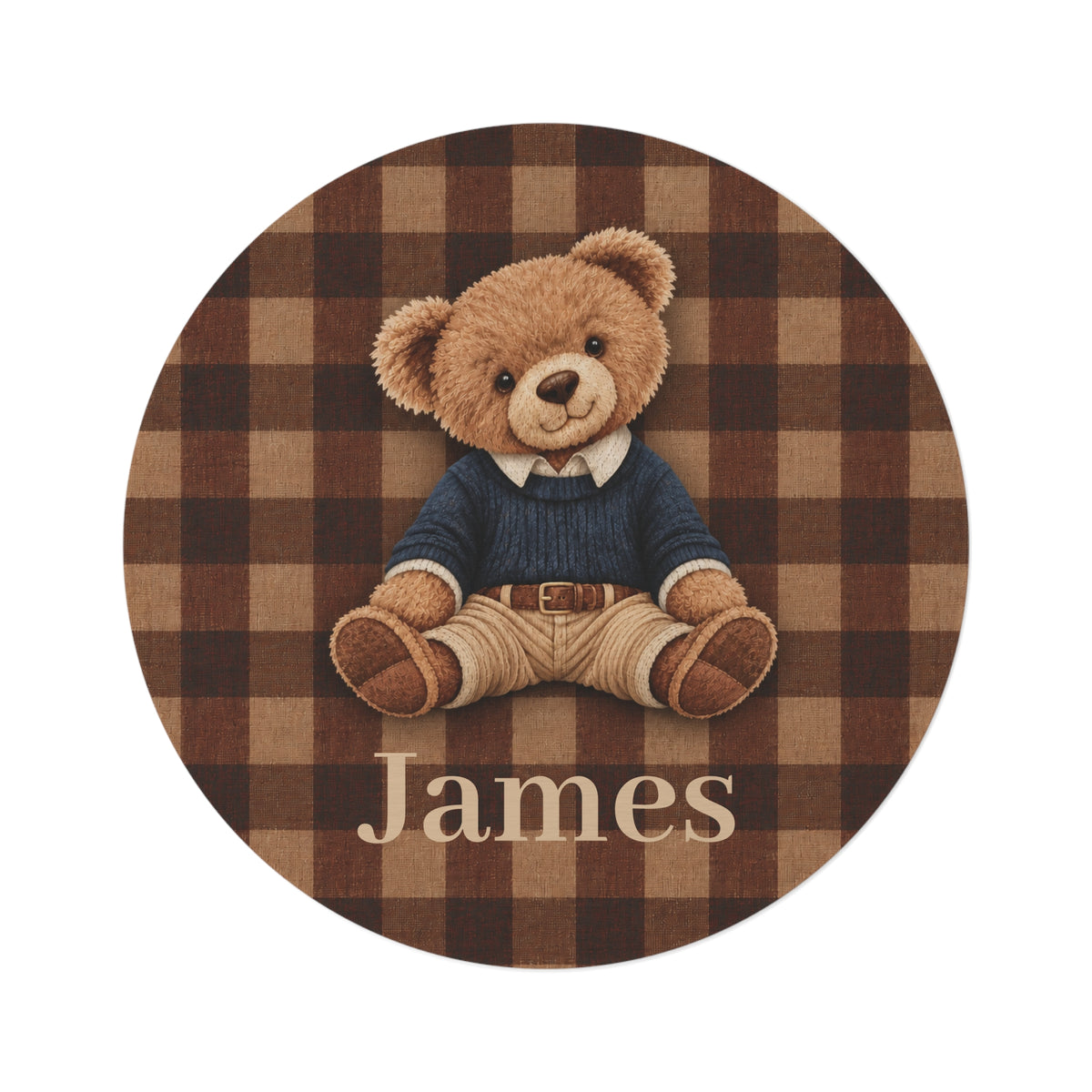 Personalized teddy bear plaid round rug with a name added below the bear