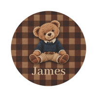 Personalized teddy bear plaid round rug with a name added below the bear
