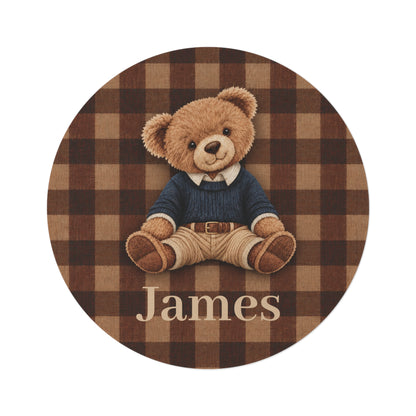 Personalized teddy bear plaid round rug with a name added below the bear