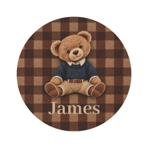 Personalized teddy bear plaid round rug with a name added below the bear