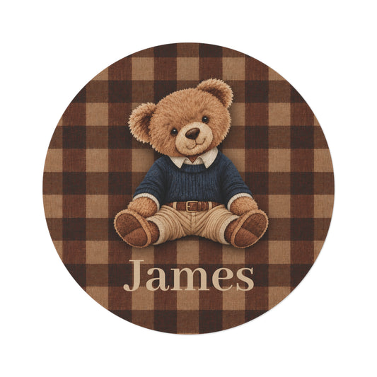 Personalized teddy bear plaid round rug with a name added below the bear