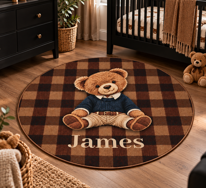 Personalized teddy bear plaid round rug styled on a nursery floor with the name visible