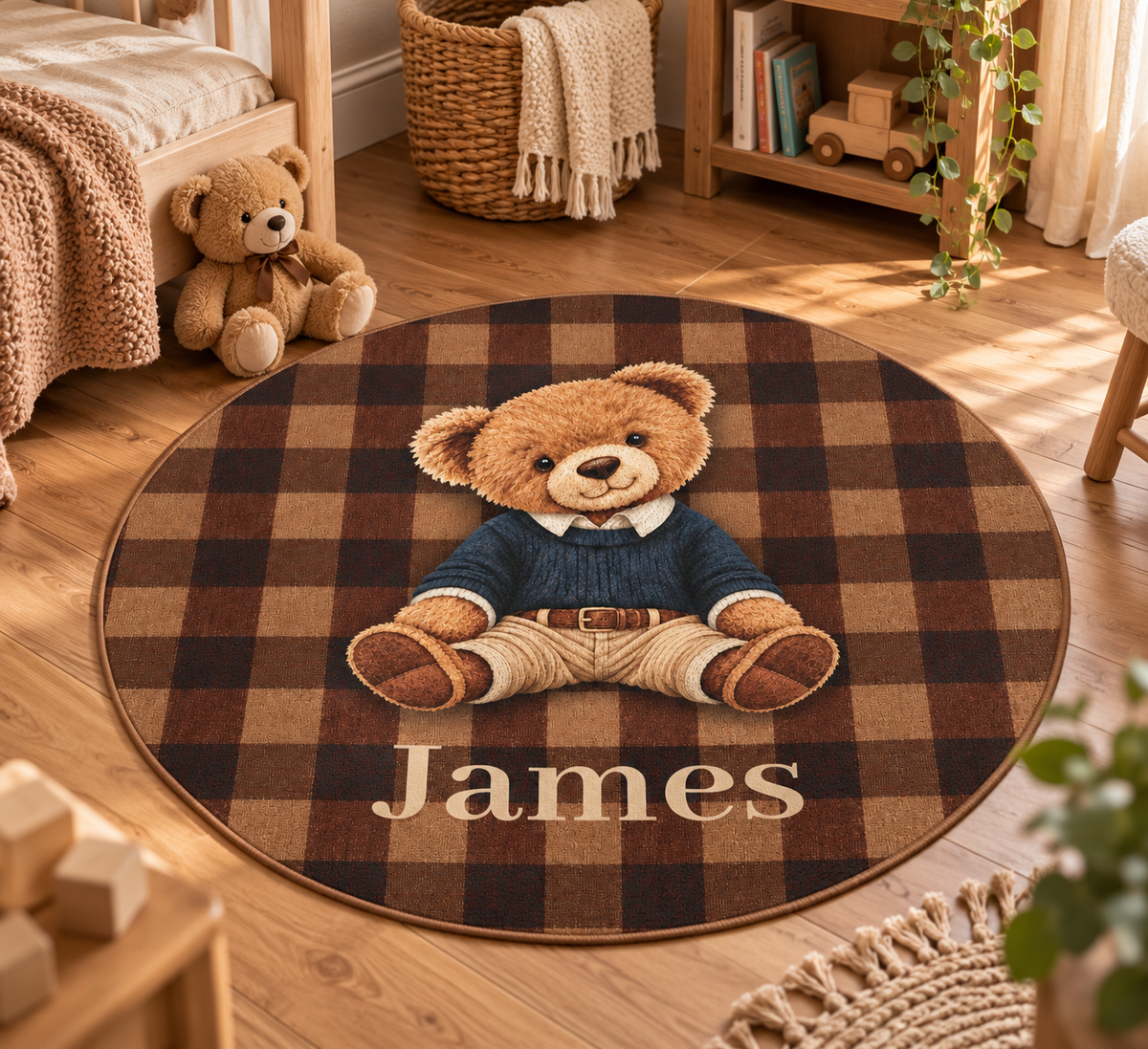 Personalized teddy bear plaid round rug styled in a full nursery room setting