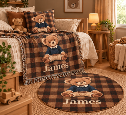 Personalized teddy bear plaid round rug styled in a nursery near a crib with the name visible