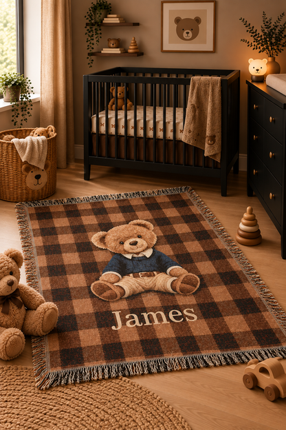 Personalized teddy bear plaid woven blanket styled in a cozy room