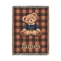 Personalized teddy bear plaid woven blanket with a name woven in below the bear