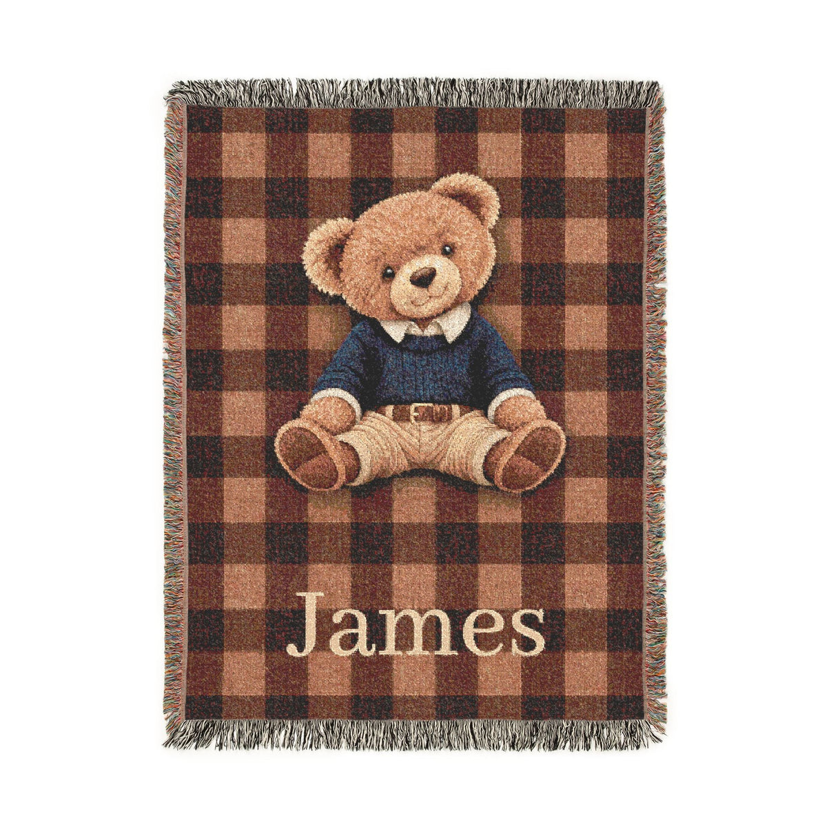 Personalized teddy bear plaid woven blanket with a name woven in below the bear