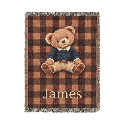 Personalized teddy bear plaid woven blanket with a name woven in below the bear