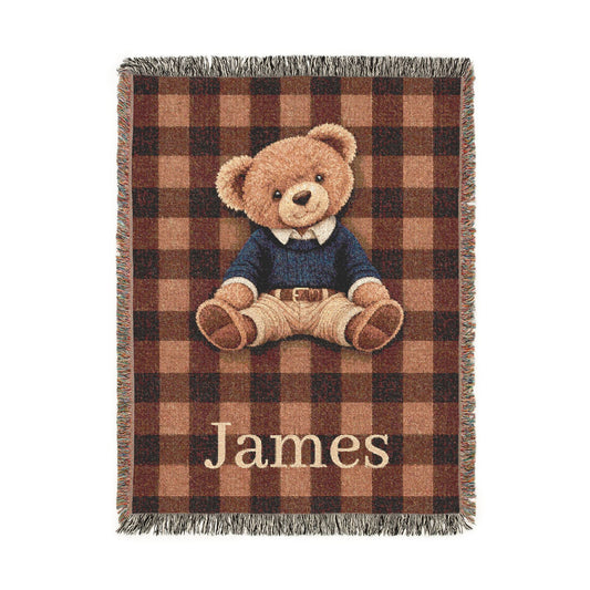 Personalized teddy bear plaid woven blanket with a name woven in below the bear