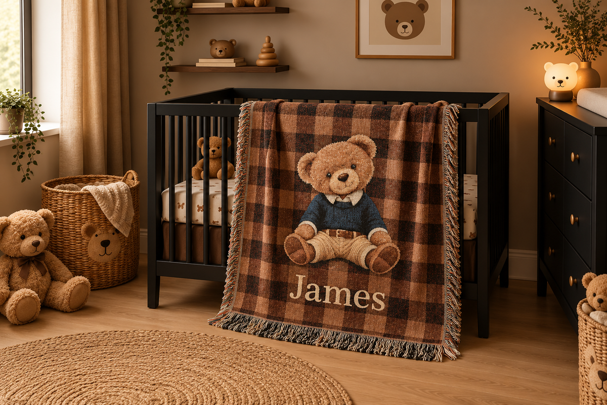 Personalized teddy bear plaid woven blanket styled in a nursery with the name visible