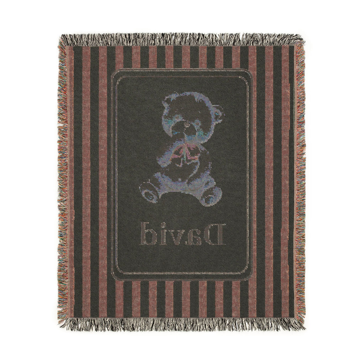 Reverse side of the personalized bear baby blanket in charcoal with mauve stripes